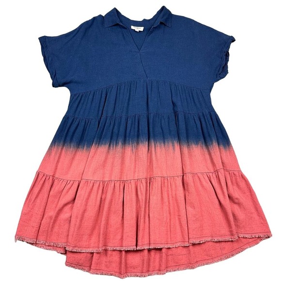 Umgee USA Ombre Tiered Dress Navy Coral Linen Blend Short Sleeve Collared Midi M - Picture 2 of 7